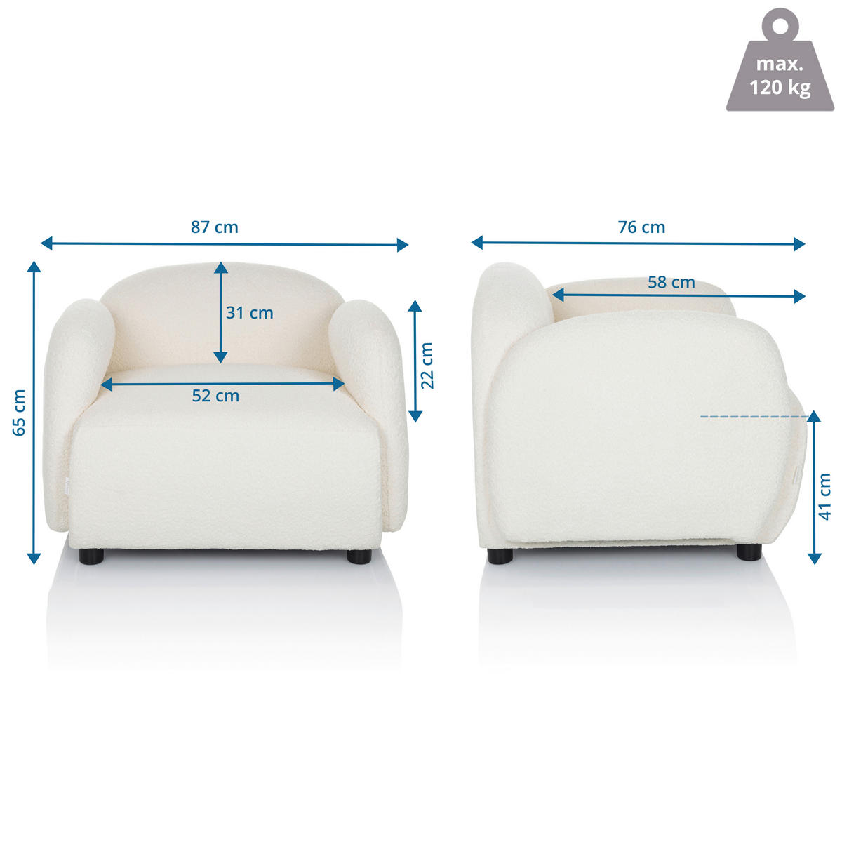 LOUNGESESSEL Bouclé Weiß    - Schwarz/Weiß, MODERN, Kunststoff/Textil (87/65/76cm) - MID.YOU