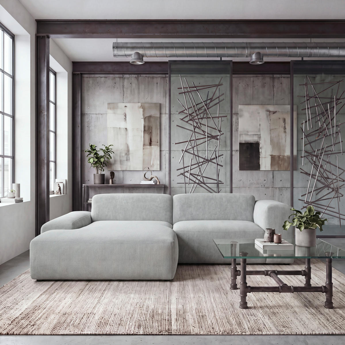 ECKSOFA HANNAH Hellgrau Cord  - Hellgrau/Schwarz, Design, Kunststoff/Textil (170/252cm) - MID.YOU