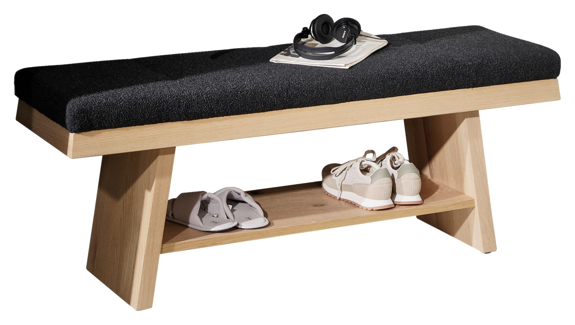 GARDEROBENBANK  in 128,1/49/39,1 cm  - Wildeiche/Schwarz, Natur, Holz/Textil (128,1/49/39,1cm) - Voglauer