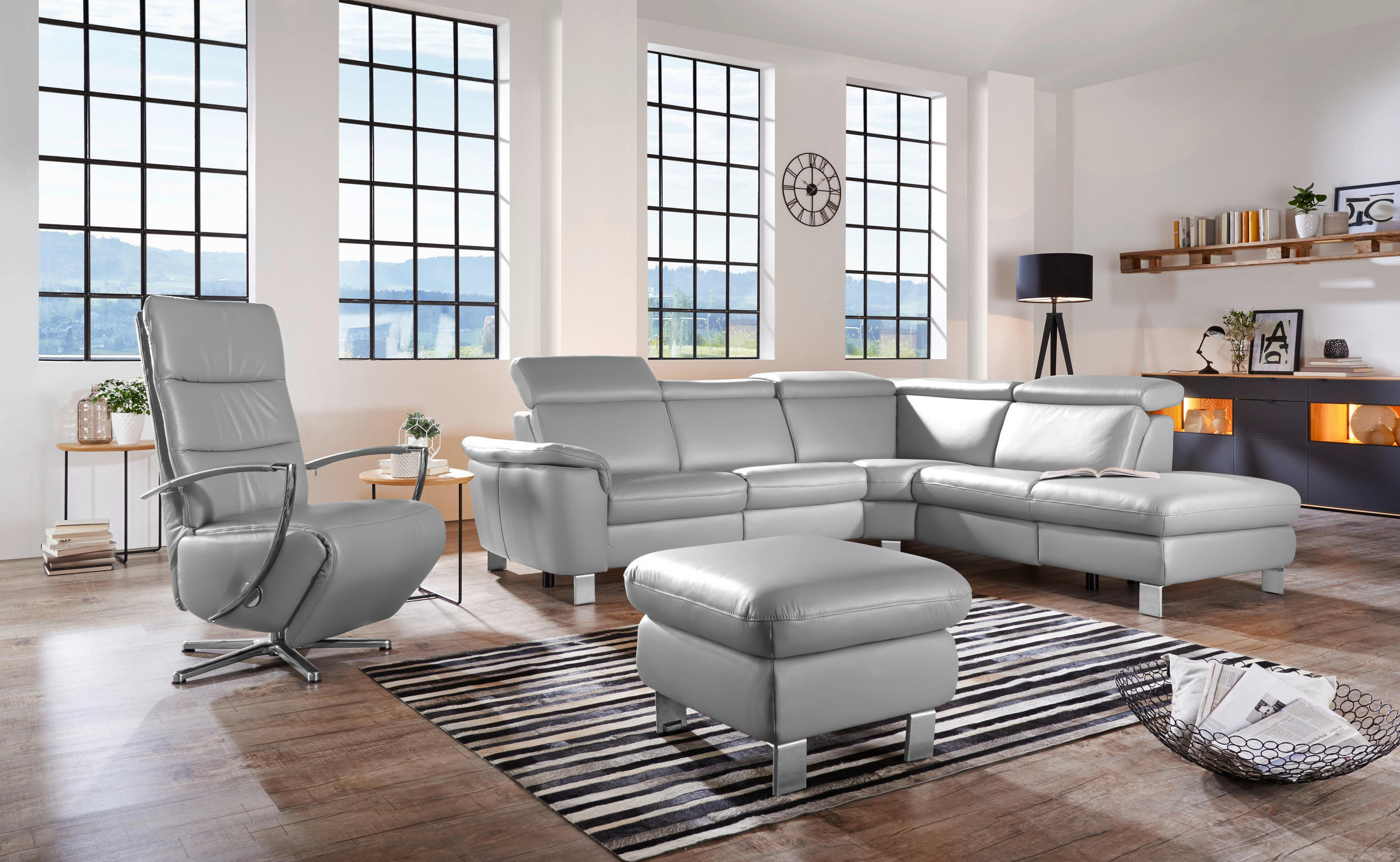 ECKSOFA in Echtleder Grau  - Alufarben/Grau, Design, Leder/Metall (271/239cm) - Cantus