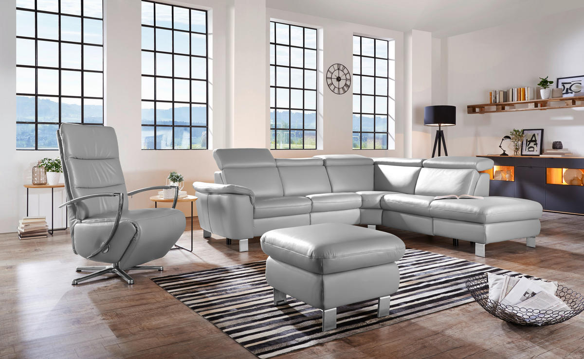 ECKSOFA in Echtleder Grau  - Alufarben/Grau, Design, Leder/Metall (271/239cm) - Cantus