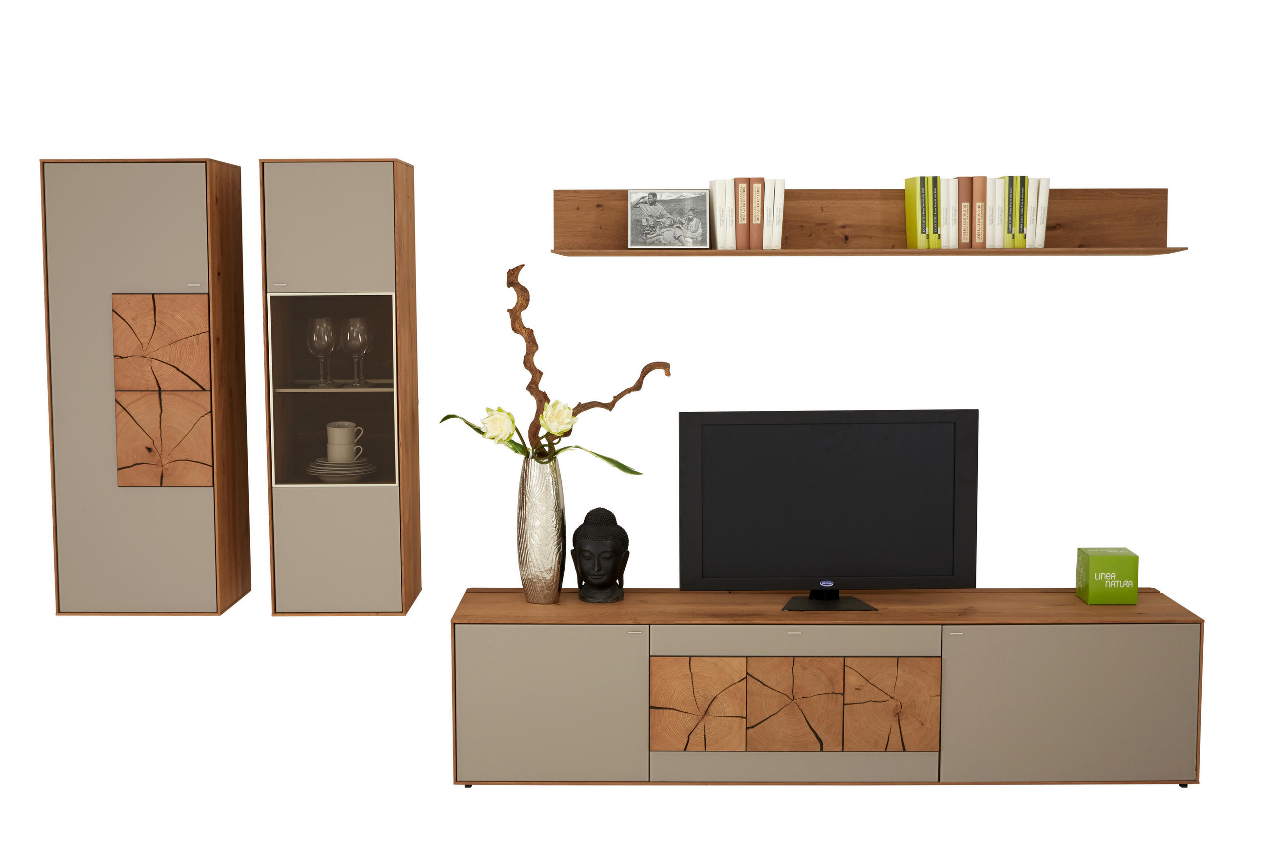 WOHNWAND  343/188/49 cm  in Eichefarben, Fango  - Fango/Eichefarben, Design, Glas/Holz (343/188/49cm) - Valnatura