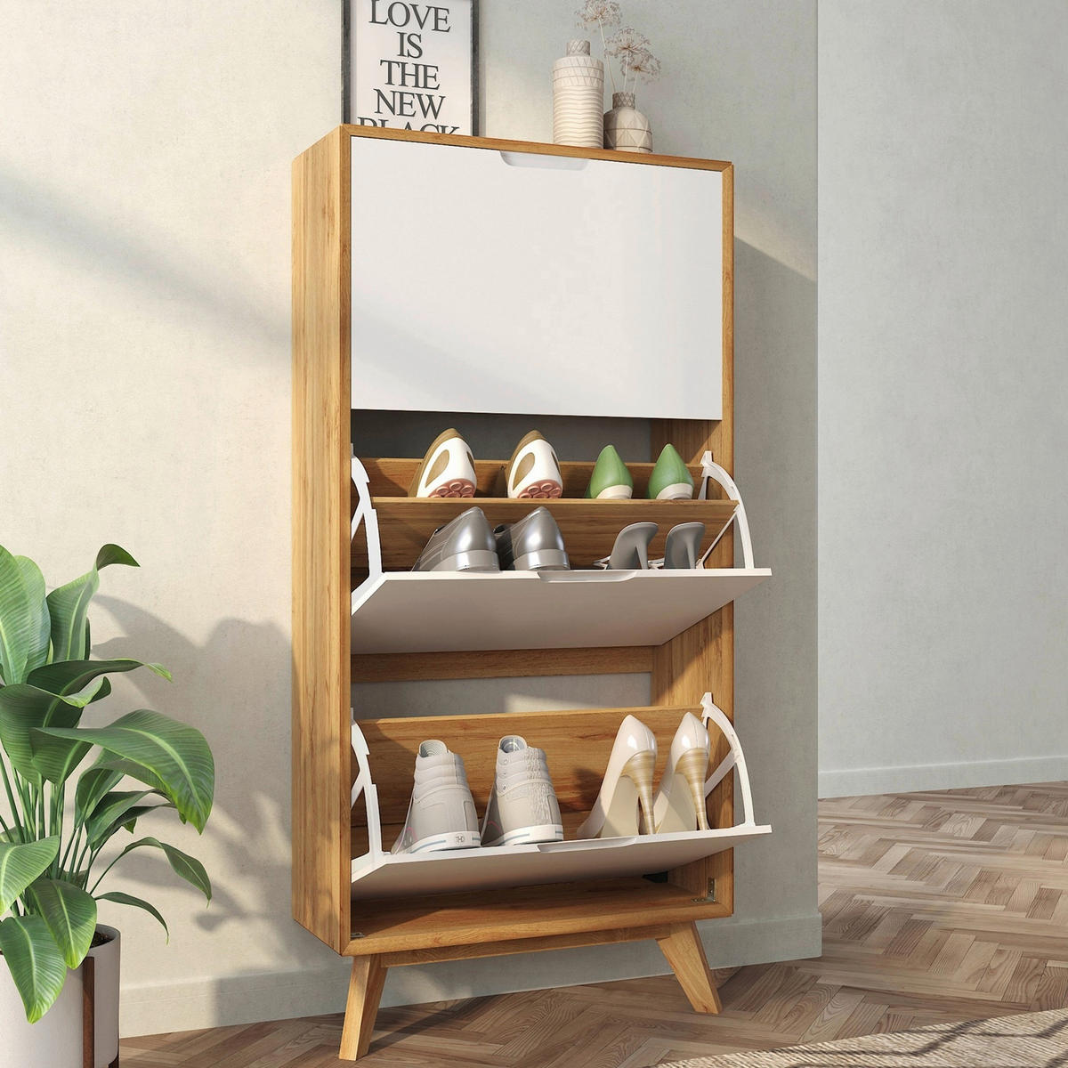 SCHUHSCHRANK Weiß, Eiche Wotan  - Eiche Wotan/Weiß, Design, Holzwerkstoff (60/125/24cm) - Livetastic