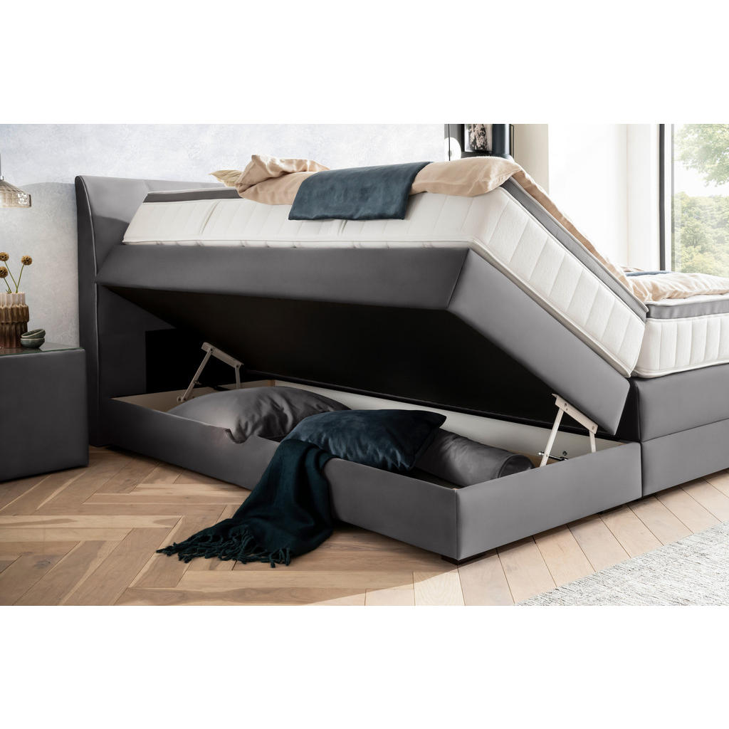 Thumbnail - Novel Boxspringbett, Grau, Textil, Wenge, H2 + H4, 7-Zonen, Höhe ca. 27 cm, 160x200 cm, Bettkasten, gepolstertes Kopftei...