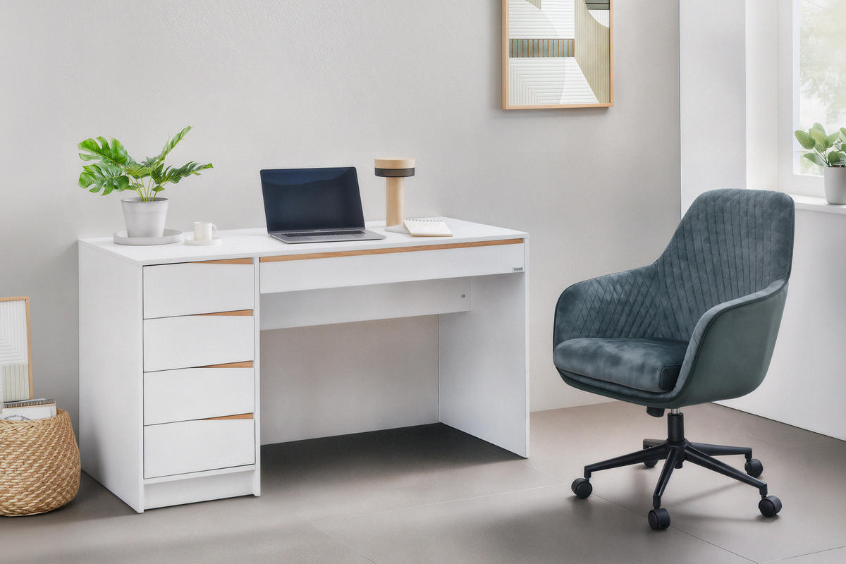 SCHREIBTISCH 140/60/76 cm Weiss, Eichefarben Stauraum  - Weiss/Eichefarben, Modern, Holzwerkstoff (140/60/76cm) - Venda