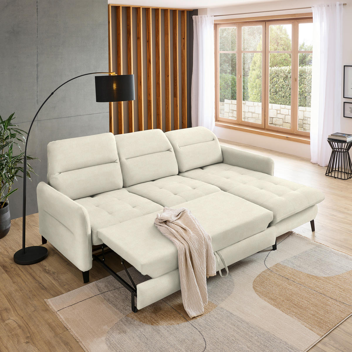ECKSOFA Creme Flachgewebe  - Creme/Schwarz, KONVENTIONELL, Textil/Metall (254/190cm) - Livetastic