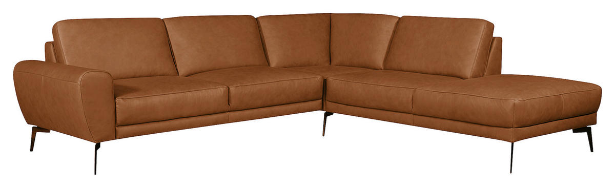 ECKSOFA in Echtleder Cognac  - Cognac/Schwarz, Design, Leder/Metall (273/250cm) - Livetastic
