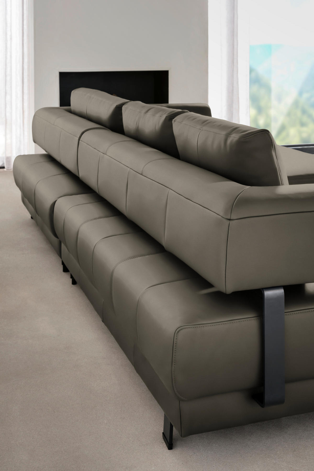 ECKSOFA in Echtleder Graubraun  - Graubraun/Schwarz, Design, Leder/Metall (307/188cm)