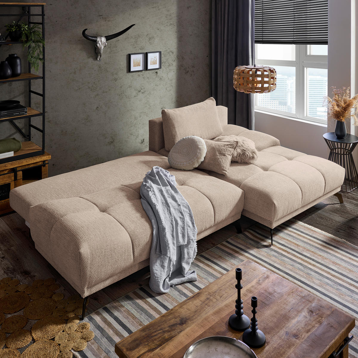 ECKSOFA Beige Chenille  - Beige/Schwarz, MODERN, Textil/Metall (290/182cm) - Hom`in