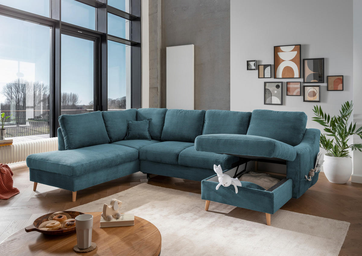 WOHNLANDSCHAFT in Cord Petrol  - Petrol/Naturfarben, KONVENTIONELL, Holz/Textil (200/301/150cm) - P & B