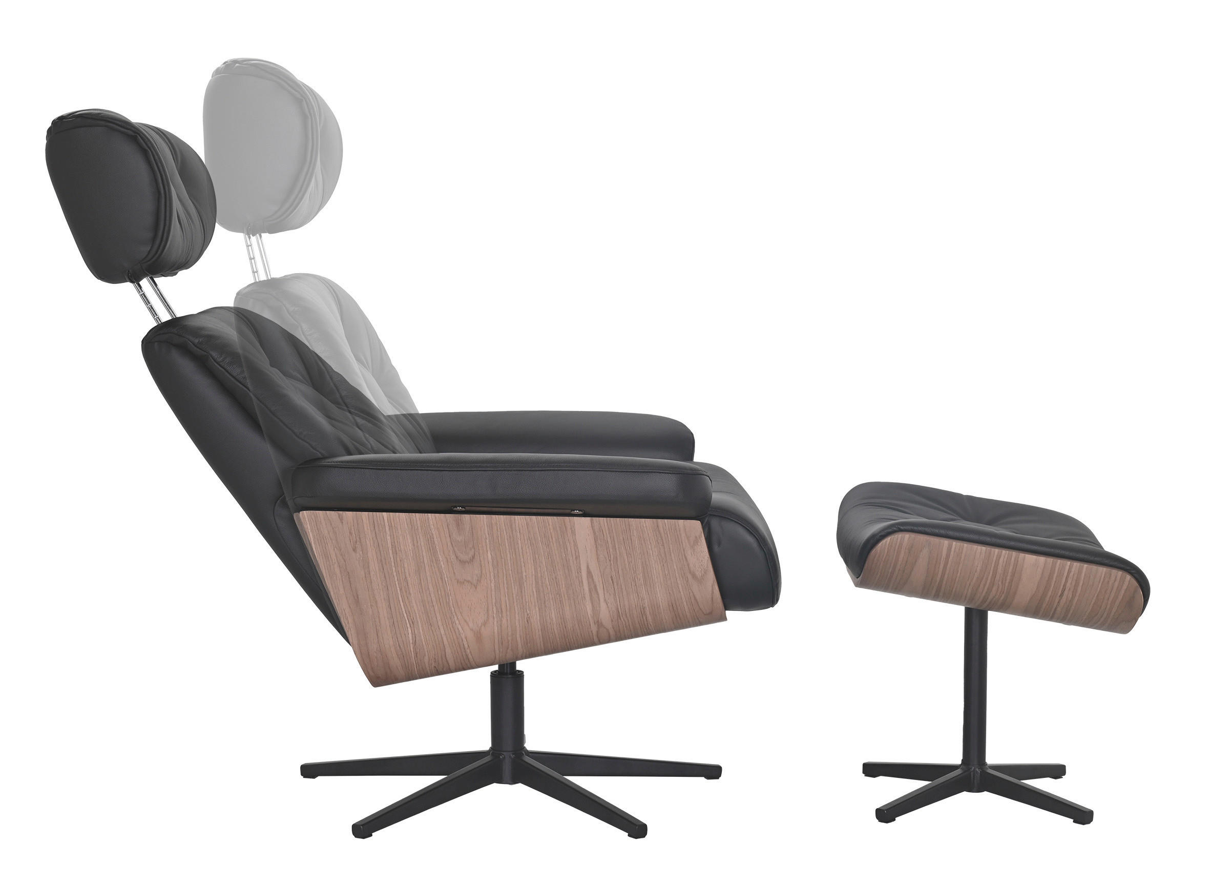 RELAXSESSELSET Lederlook Kombination Echtleder/Lederlook Hocker, Kopfteilverstellung    - Schwarz/Braun, Design, Leder/Holz (82/85-117/102cm) - Xora