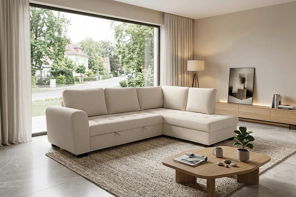 ECKSOFA JOHN Creme Cord Rückenkissen, Bettkasten, Liegefläche im Originalstoff  - Creme/Schwarz, Trend, Kunststoff/Textil (239/178cm) - P & B