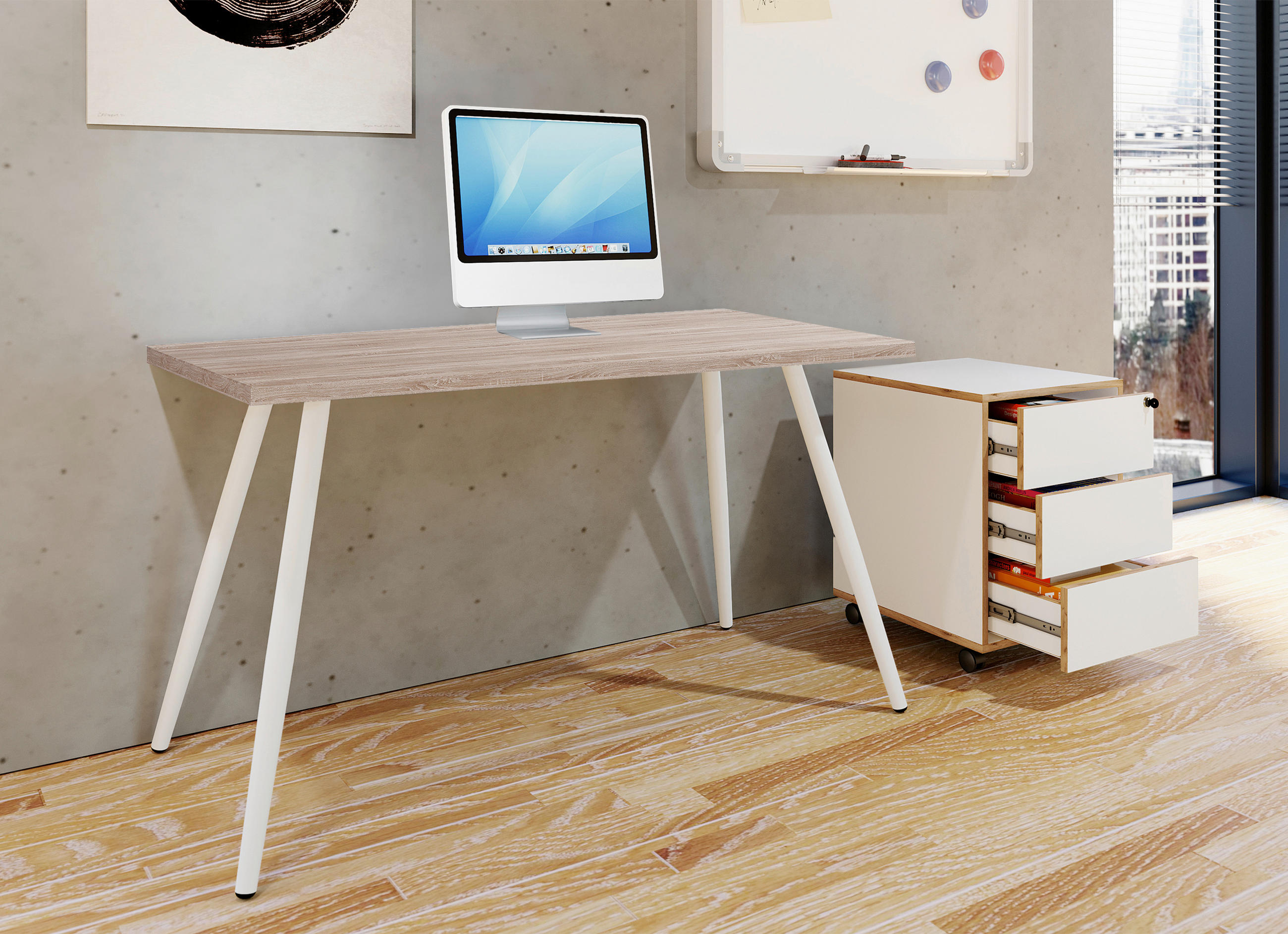 SCHREIBTISCH 160/80/70 cm  in Weiss, Sonoma Eiche  - Weiss/Sonoma Eiche, Modern, Holzwerkstoff/Metall (160/80/70cm) - MID.YOU