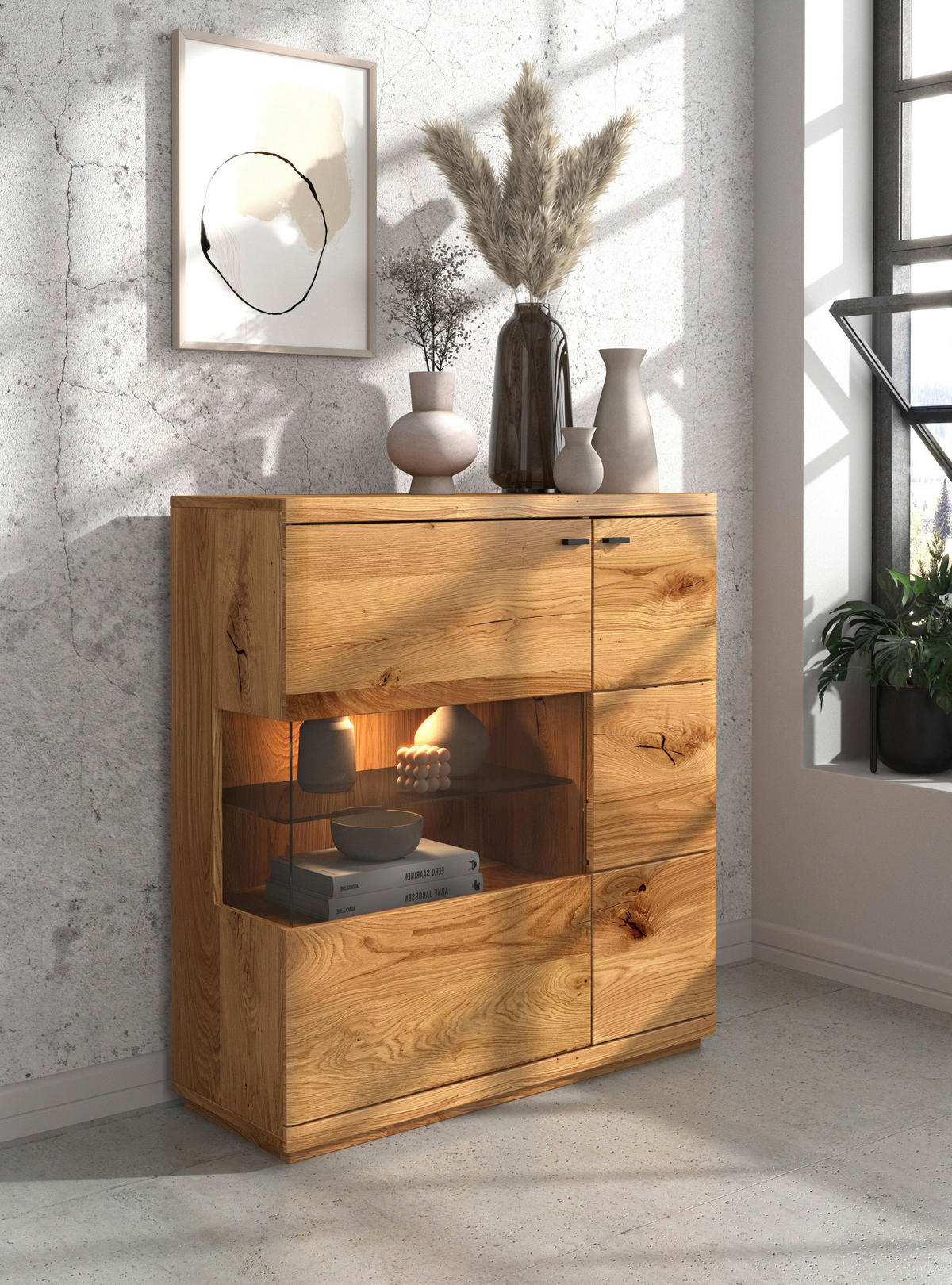 SIDEBOARD Eichefarben  99/109/38 cm  - Eichefarben/Schwarz, Natur, Glas/Holz (99/109/38cm) - Linea Natura