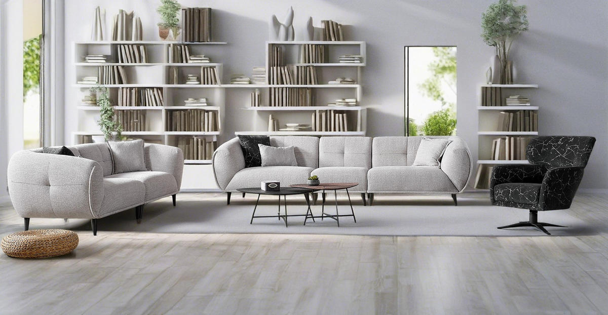 3-SITZER-SOFA in Bouclé Hellgrau  - Anthrazit/Hellgrau, Design, Holz/Textil (240/80/102cm) - Livetastic