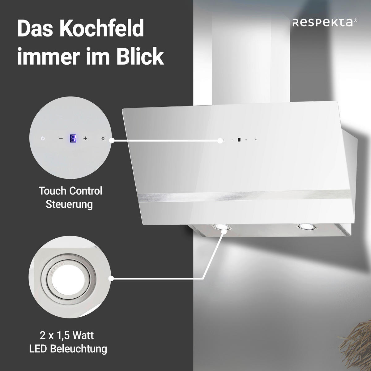 DUNSTABZUGSHAUBE CH24080WM  - Weiß, Trend, Glas/Metall (79,5/74,2-109,2/38,5cm) - Respekta