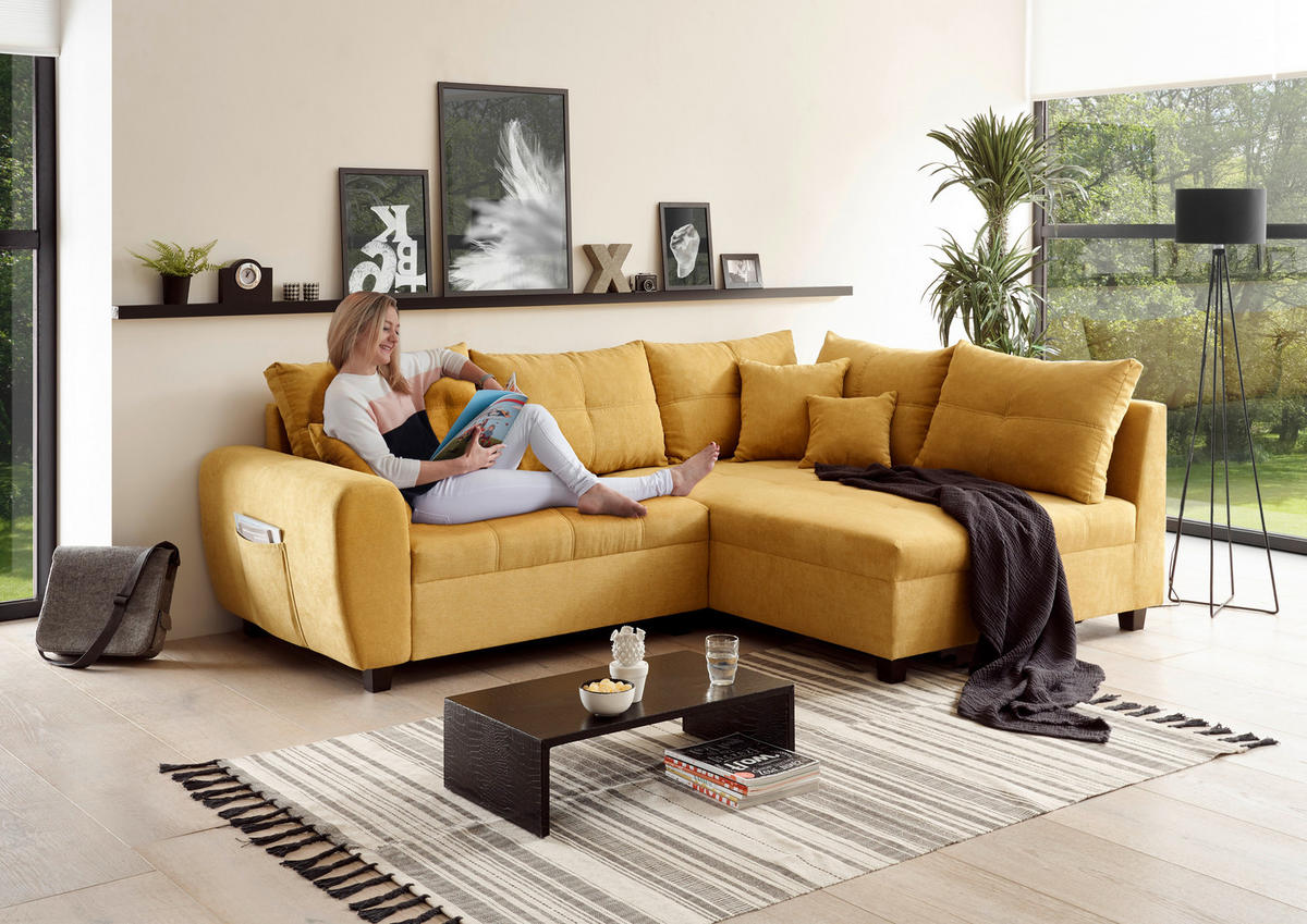 ECKSOFA in Mikrovelours Gelb  - Gelb/Schwarz, Basics, Holzwerkstoff/Kunststoff (248/176cm) - MID.YOU
