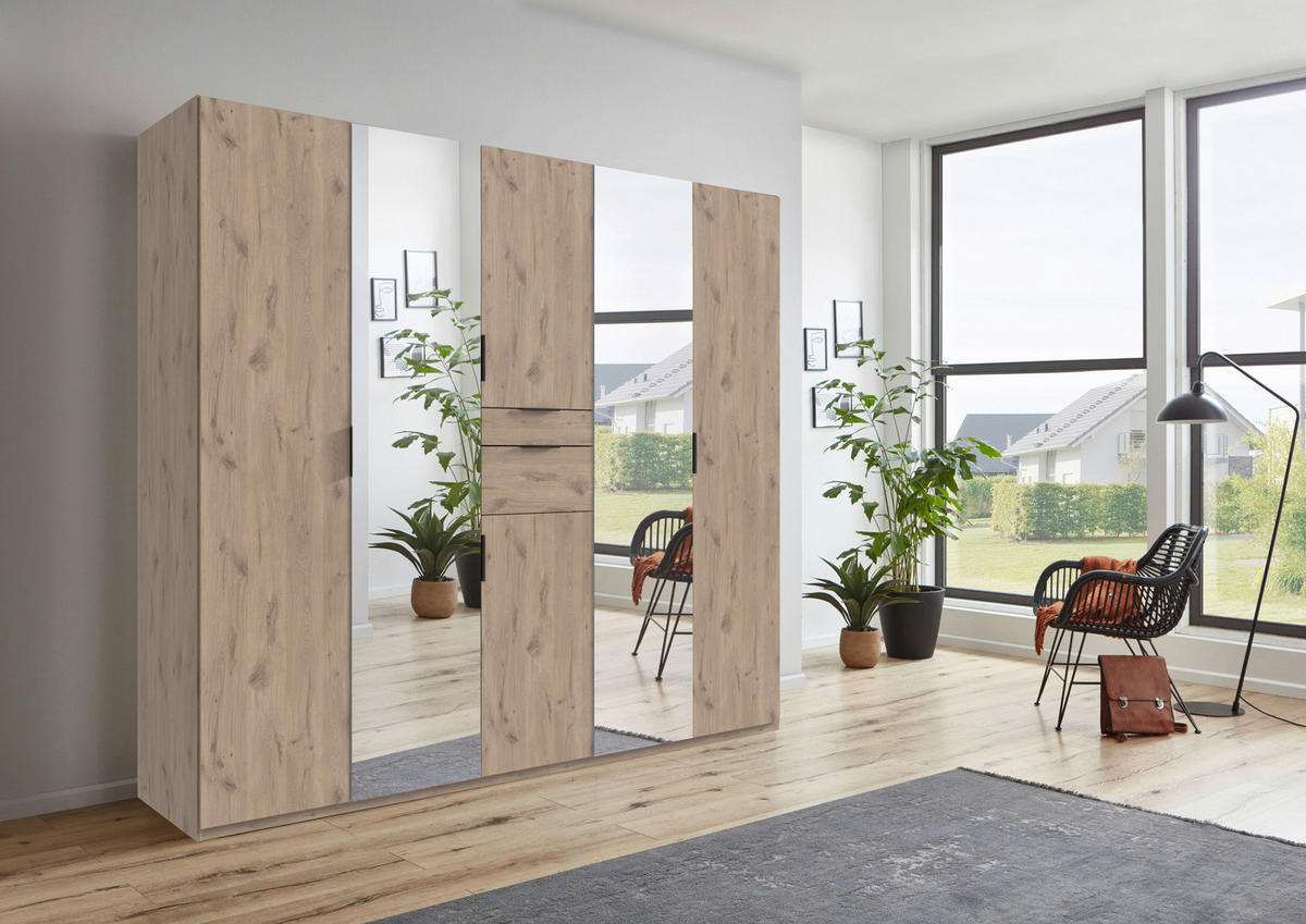 KLEIDERSCHRANK in Eichefarben  - Eichefarben/Schwarz, Modern, Glas/Holzwerkstoff (225/210/58cm) - Boxxx