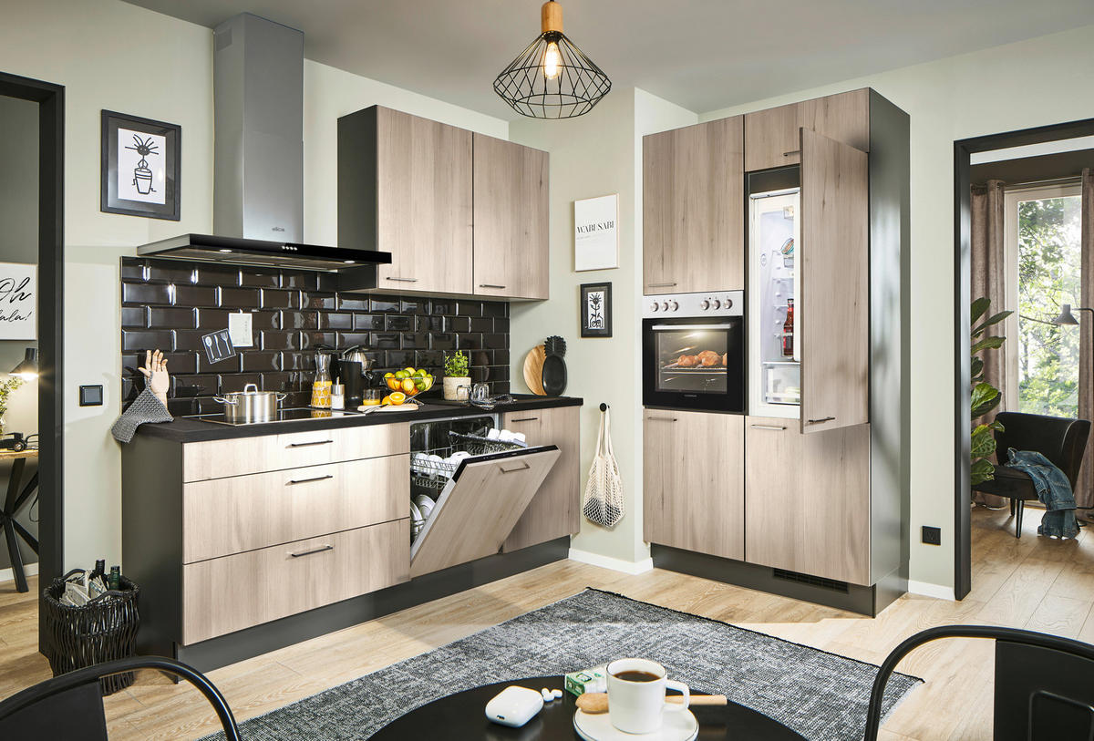 ECKKÜCHE 220/120 cm  in Graphitfarben, Tannenholzfarben  - Tannenholzfarben/Schwarz, Design, Holzwerkstoff/Metall (220/120cm) - Xora