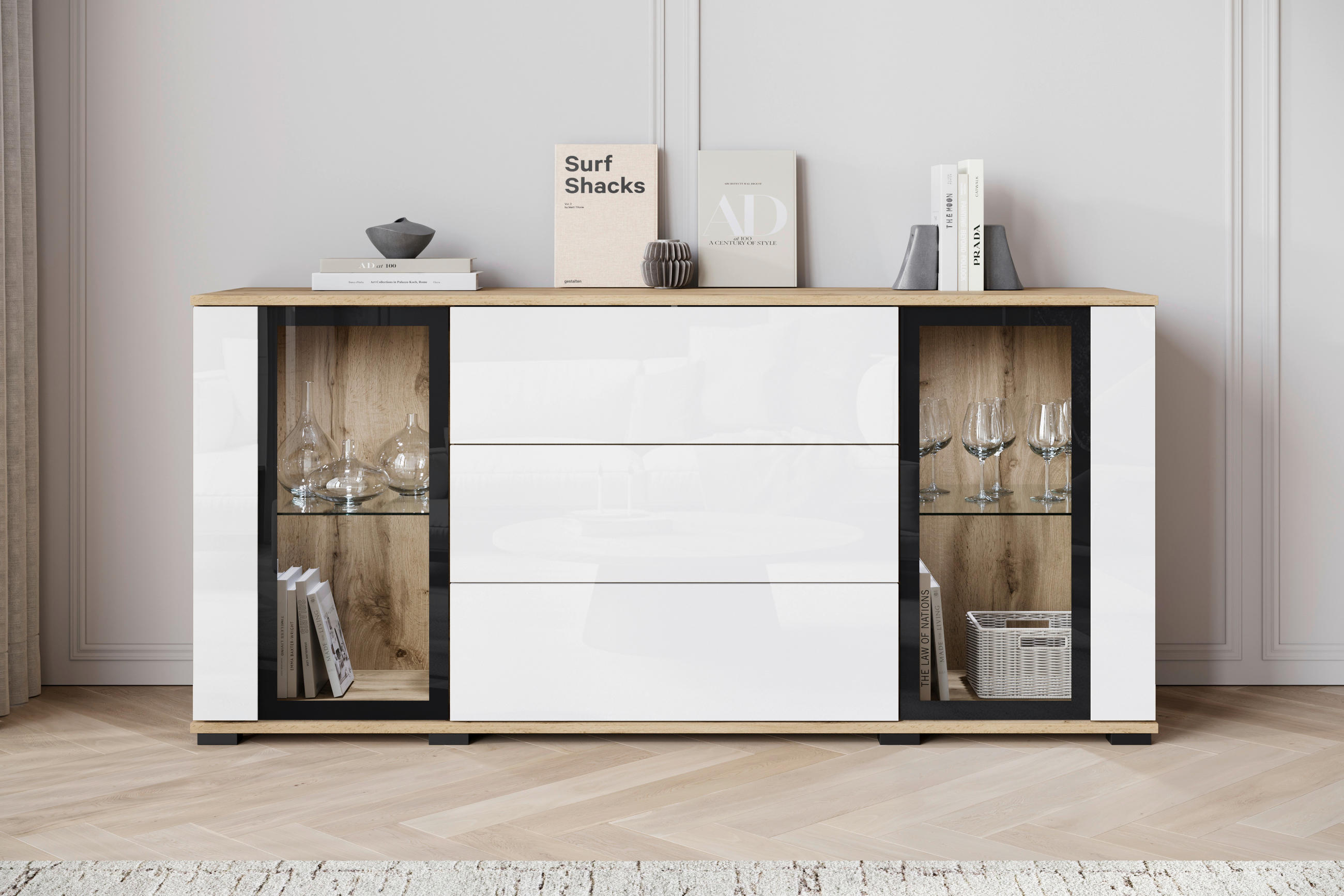 SIDEBOARD 150/69,7/39,5 cm  - ek Wotan/vit högglans, Design, trämaterial/glas (150/69,7/39,5cm) - Livetastic