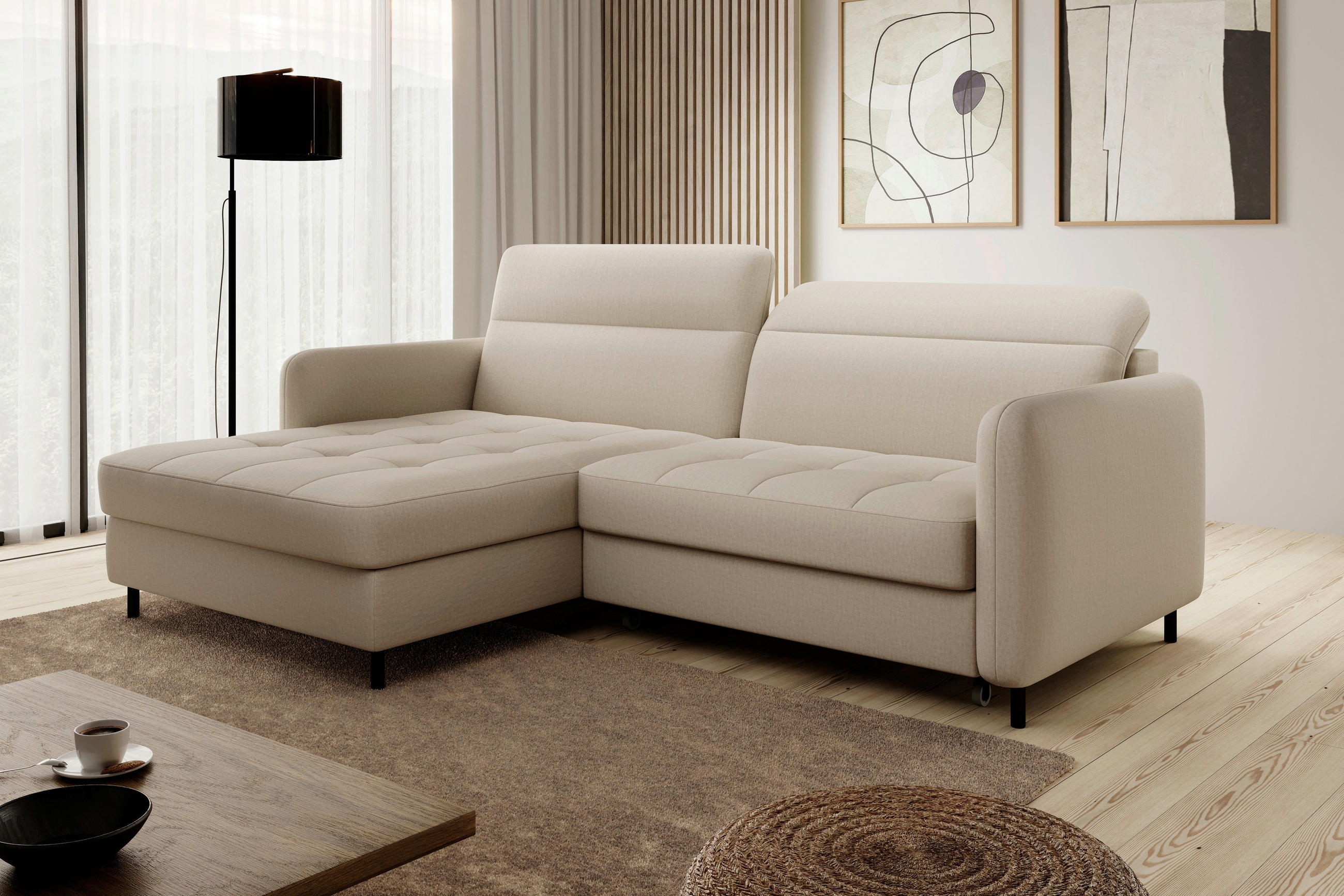 ECKSOFA in Velours Creme  165/228 cm  - Creme/Schwarz, Design, Textil/Metall (165/228cm) - MID.YOU