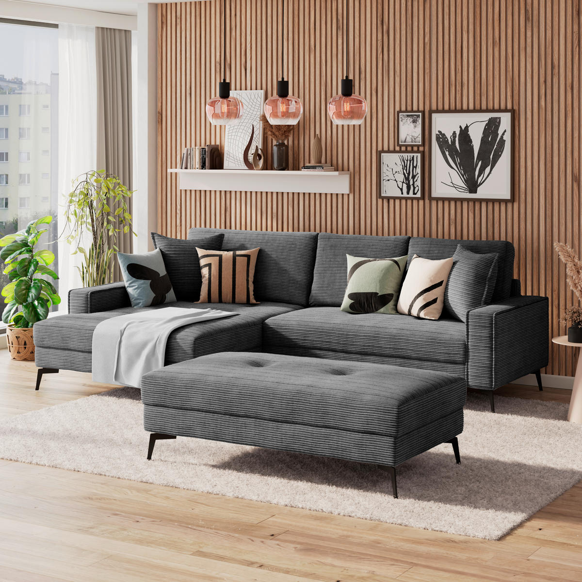 ECKSOFA ZERO Schwarz Cord Zierkissen, Rückenkissen  - Schwarz, Trend, Textil/Metall (173/286cm) - Livetastic