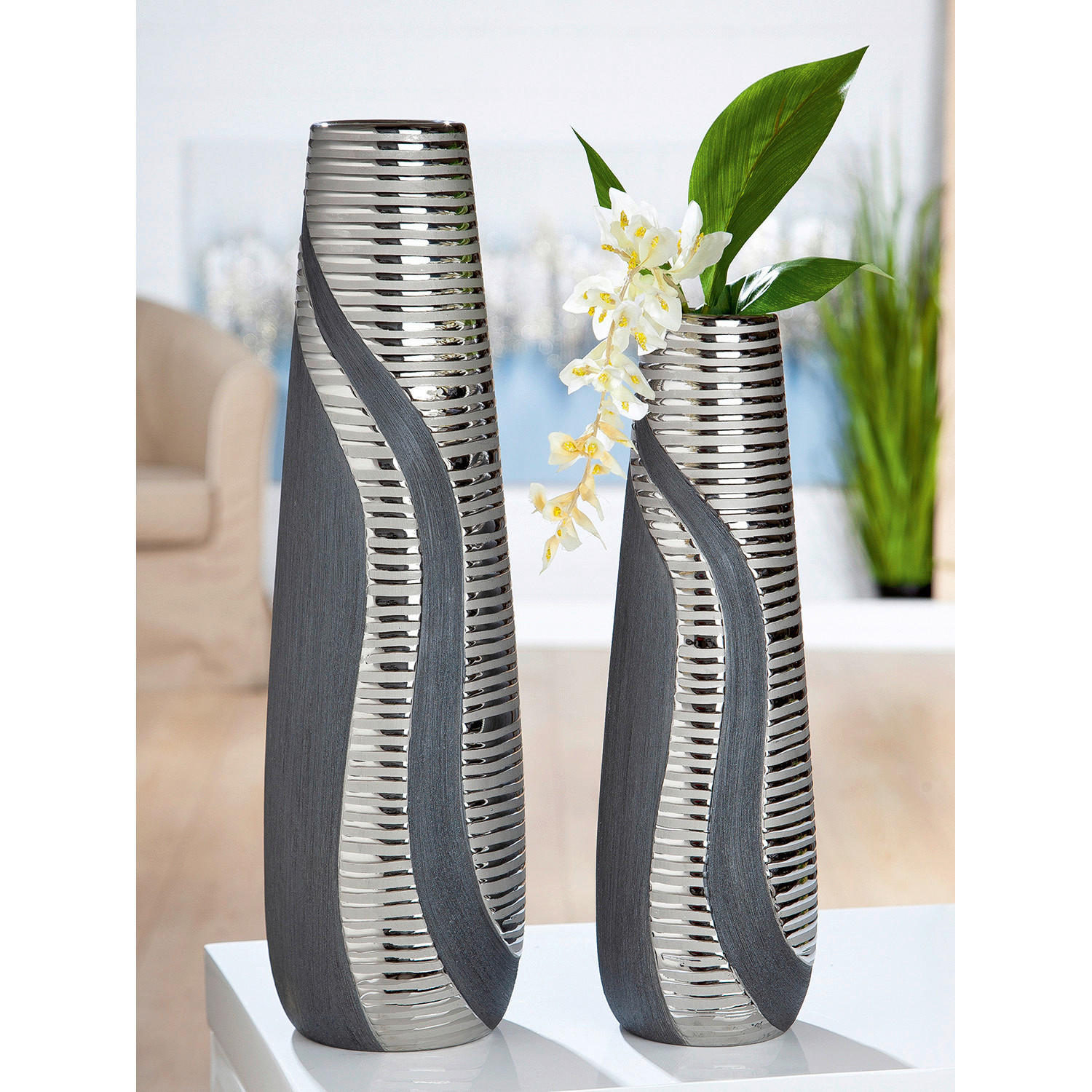 BODENVASE Sevilla  - Silberfarben/Grau, Basics, Keramik (14/49/14cm)