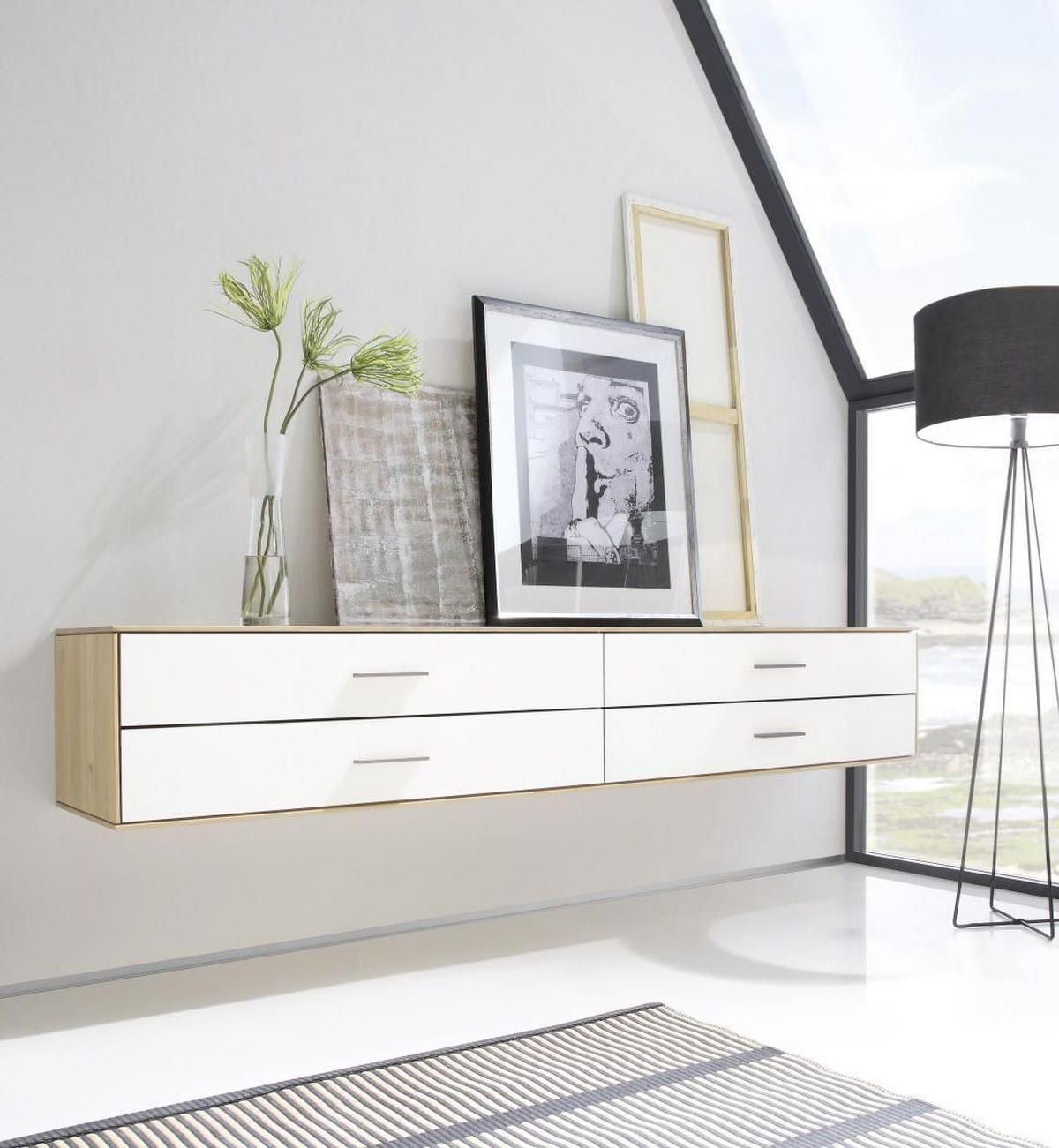 KOMMODE 220/37/44 cm  in Weiß, Eichefarben  - Eichefarben/Silberfarben, Design, Glas/Holz (220/37/44cm) - Valdera