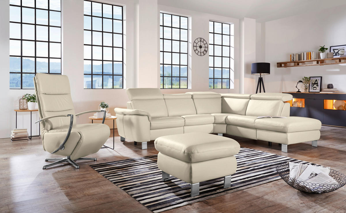 ECKSOFA in Echtleder Creme  271/239 cm  - Creme/Alufarben, Design, Leder/Metall (271/239cm) - Cantus