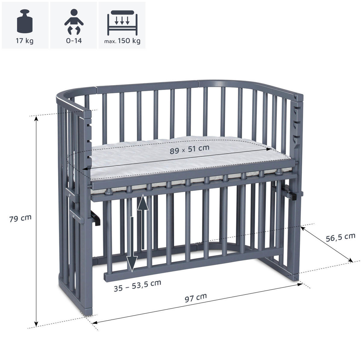 BEISTELLBETT Maxi Comfort Plus  - Schieferfarben/Grau, Basics, Holz (56,5/79/96cm) - Babybay