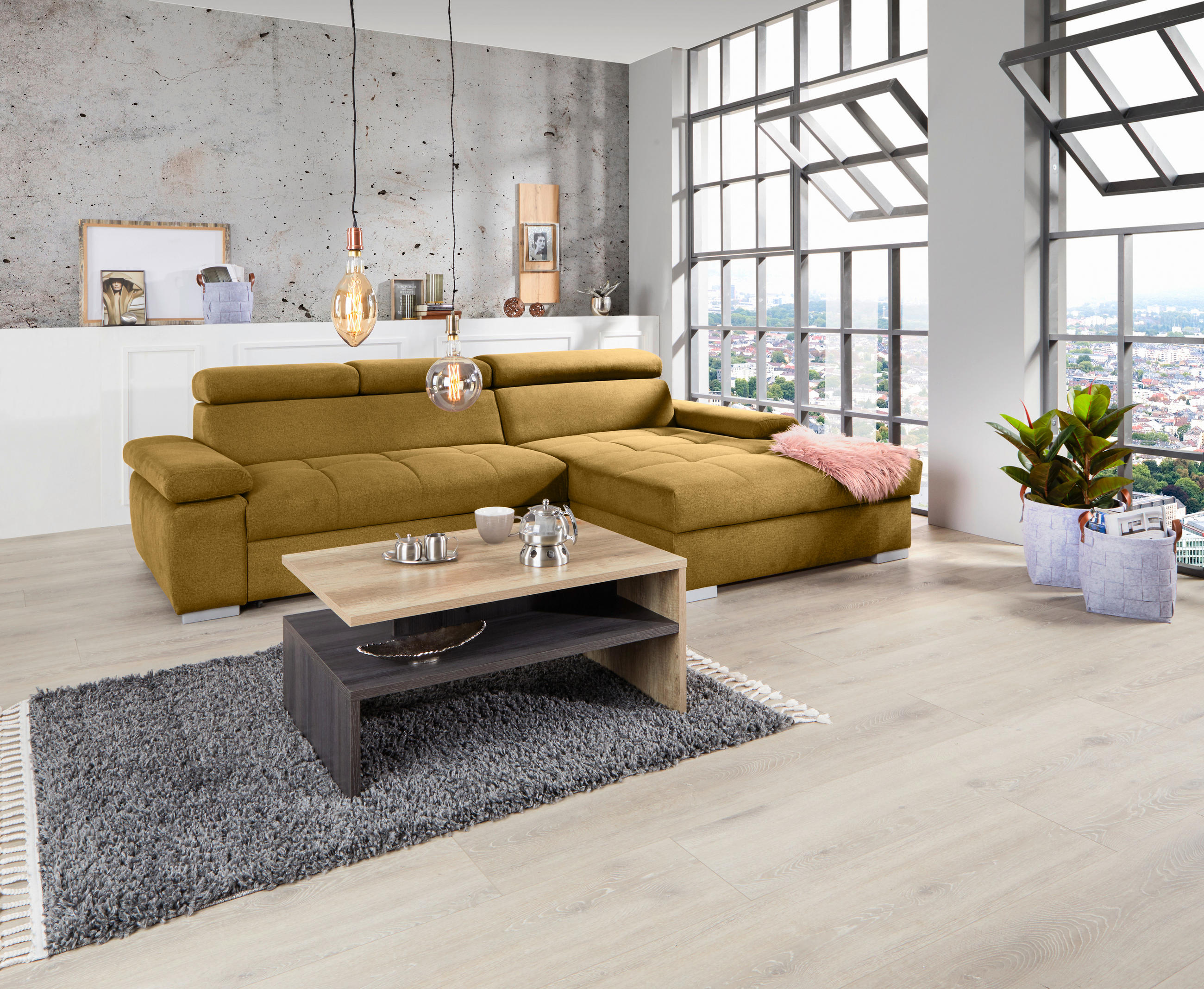 ECKSOFA Ecru Velours  - Ecru/Silberfarben, Design, Holz/Textil (292/183cm) - Livetastic