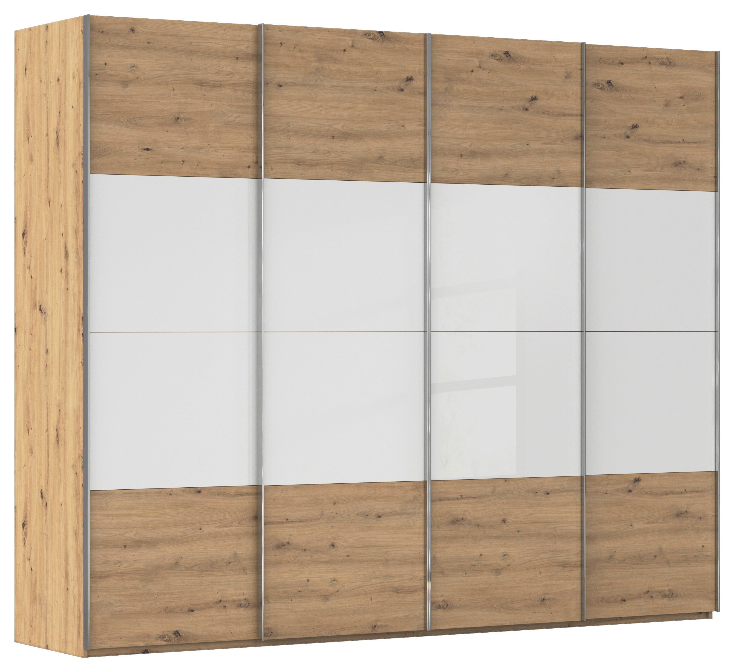SCHWEBETÜRENSCHRANK 271/235/68 cm 4-türig Weiß, Eiche Artisan  - Chromfarben/Weiß, KONVENTIONELL, Glas/Holzwerkstoff (271/235/68cm) - Novel