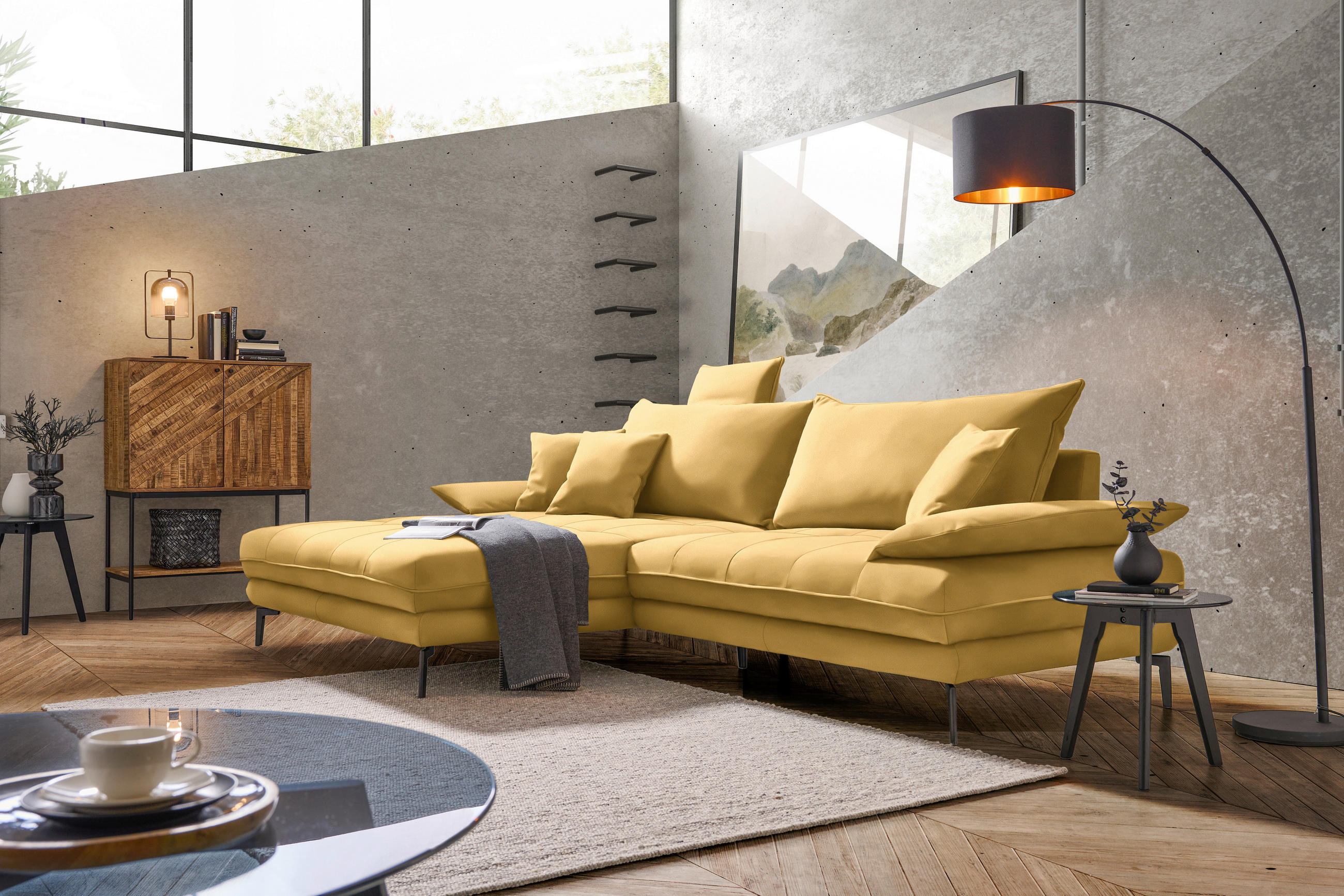 ECKSOFA PRATO Gelb Flachgewebe  - Gelb/Schwarz, MODERN, Textil/Metall (176/292cm) - MID.YOU