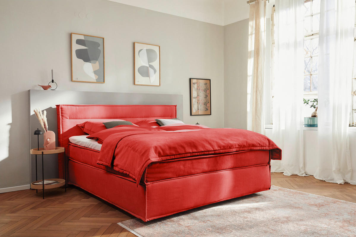 BOXSPRINGBETT 180/200 cm,  in Rot, Topper, H2 + H2 = mittel  - Rot/Schwarz, Design, Textil (180/200cm) - Musterring