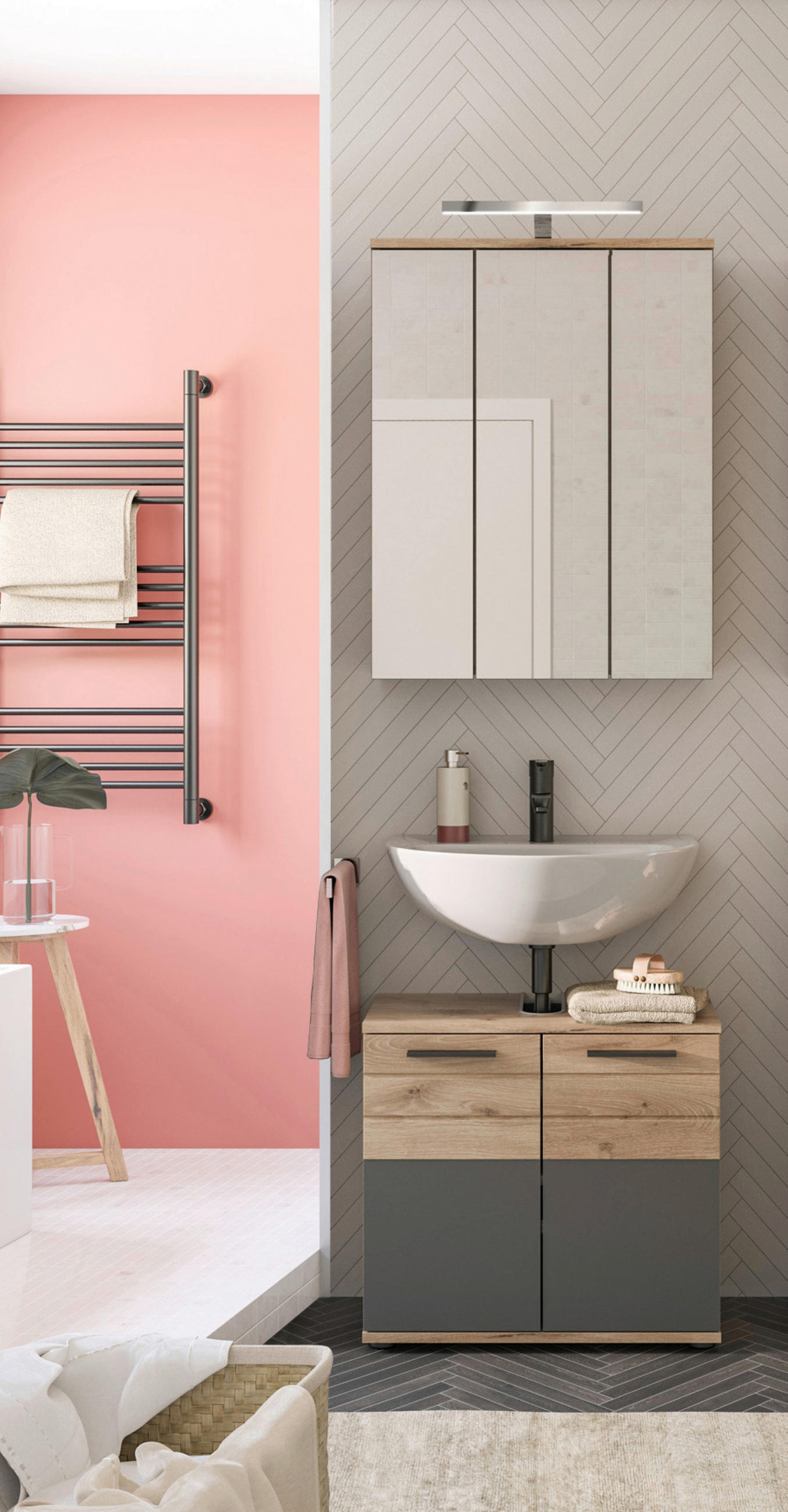 BADEZIMMER 3-teilig in 60 cm - Eichefarben/Schwarz, MODERN, Glas/Holzwerkstoff (60cm) - MID.YOU