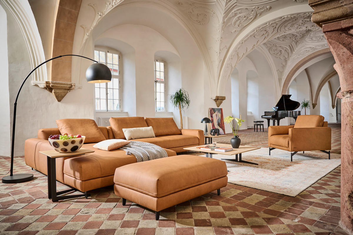 ECKSOFA in Echtleder Hellbraun  - Hellbraun/Anthrazit, Design, Leder/Metall (225/355cm) - Johann Jakob