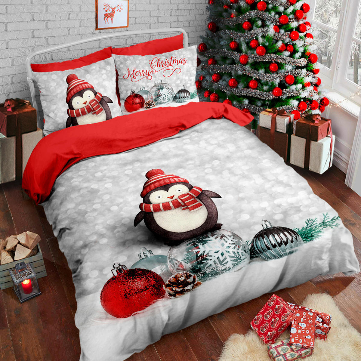 POSTELJINA SA DVA LICA Christmas Collection 140/200 cm saten siva, crvena  - siva/crvena, Osnovno, tekstil (140/200cm) - X-Mas