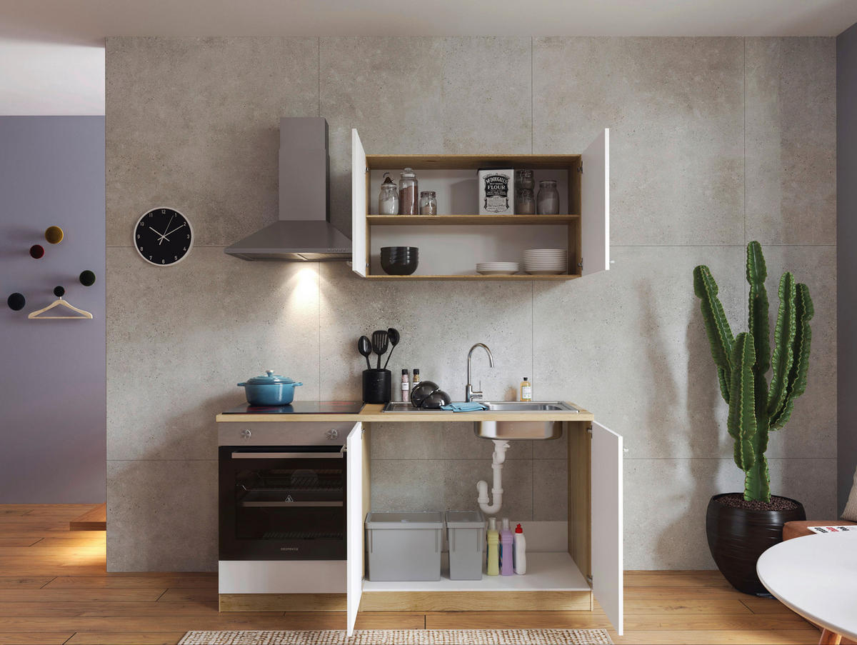 MINIKÜCHE 160 cm   in Weiß  - Eichefarben/Weiß, Design, Holzwerkstoff/Metall (160cm) - Respekta