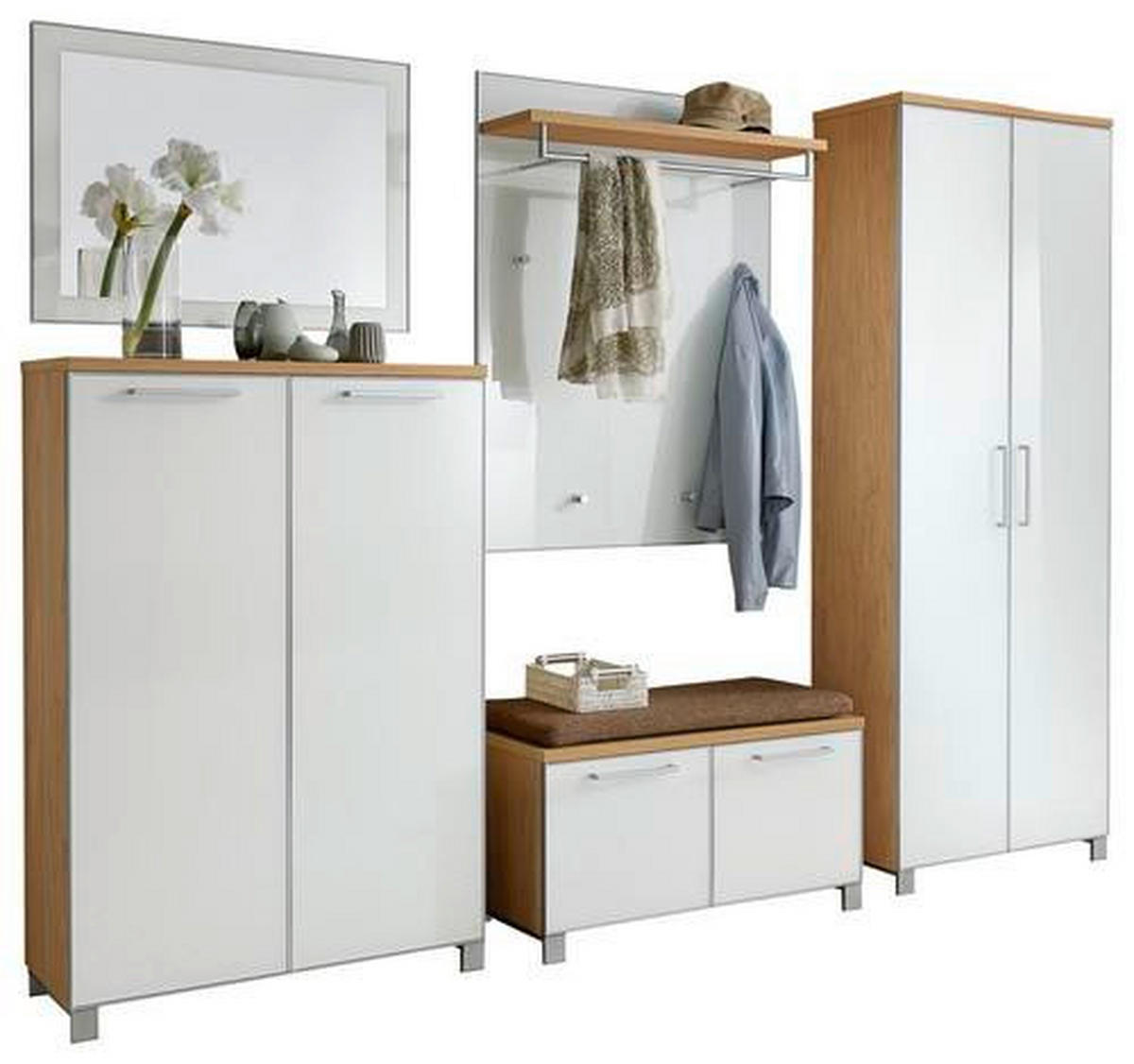 GARDEROBE 6-teilig  in 260/193/40 cm  - Hellbraun/Weiss, Design, Glas/Holz (260/193/40cm)
