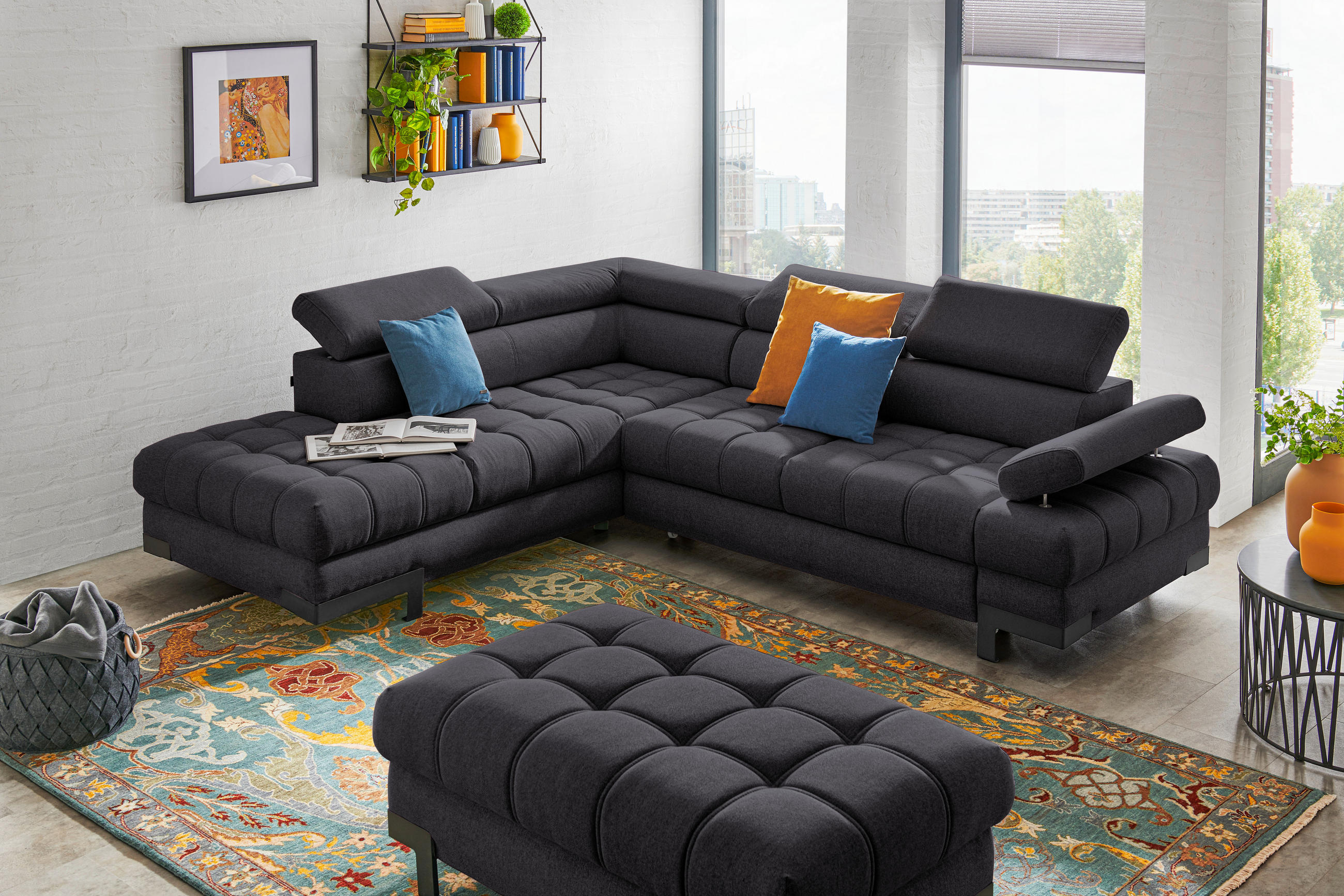 ECKSOFA Schwarz Webstoff - Schwarz, Design, Textil/Metall (223/263cm) - Welnova