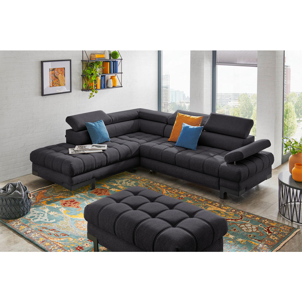 Thumbnail - Welnova Ecksofa, Schwarz, Textil, Uni, 5-Sitzer, Ottomane links, L-Form, 263x223 cm, Typenauswahl, Bettkasten erhältlich...