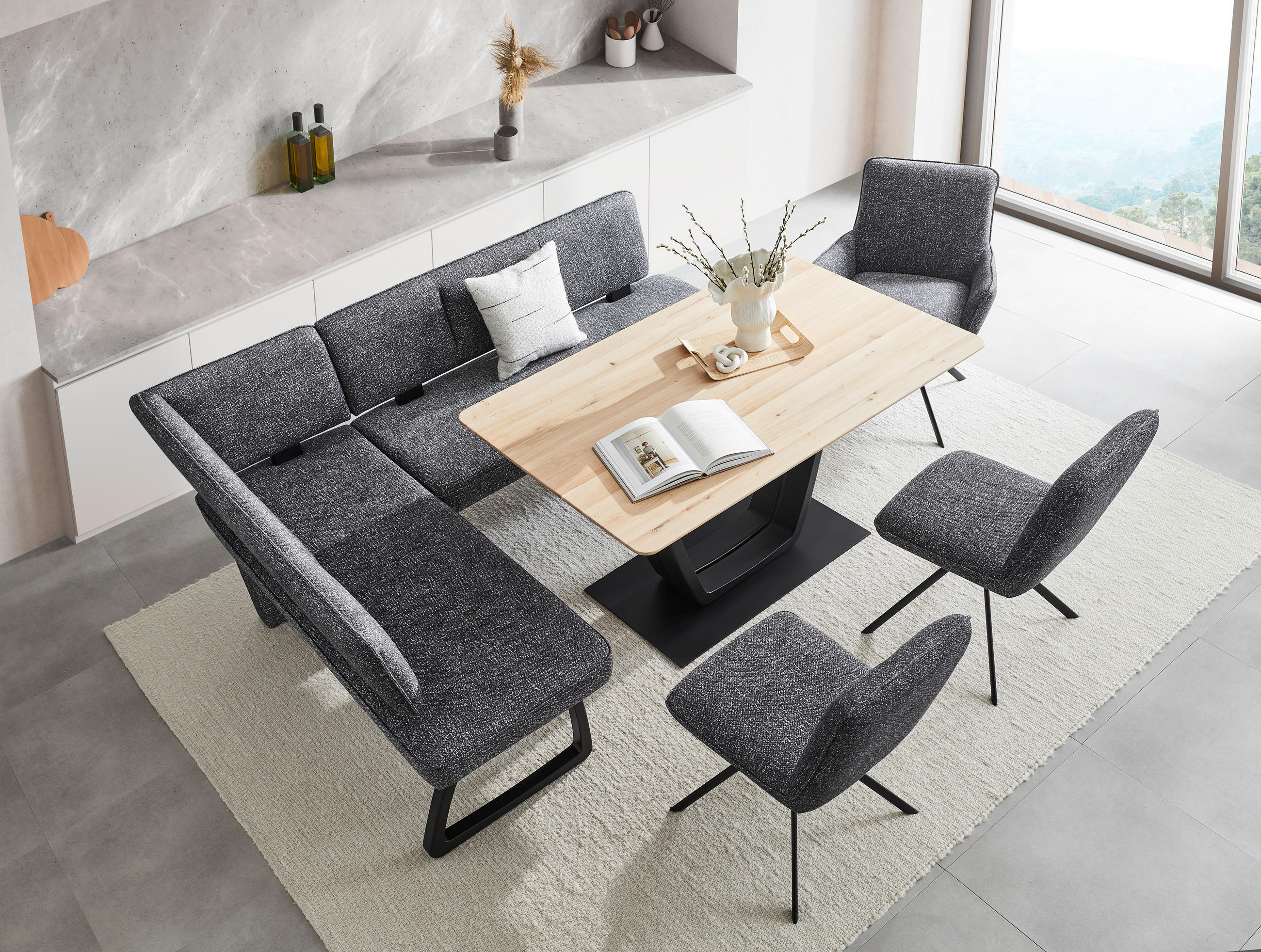 ECKBANK 155/208 cm Flachgewebe Dunkelgrau Eiche massiv   - Dunkelgrau/Schwarz, KONVENTIONELL, Holz/Textil (155/208cm) - Venda