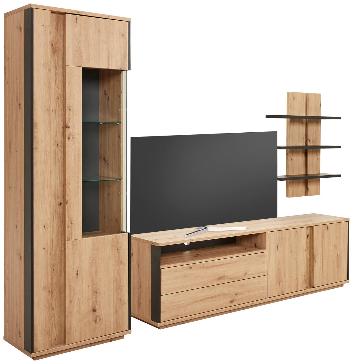WOHNWAND 3-teilig  in Grau, Eichefarben  252/200/41 cm LED-Leuchtmittel   - Eichefarben/Grau, Design, Glas/Holzwerkstoff (252/200/41cm) - Cantus