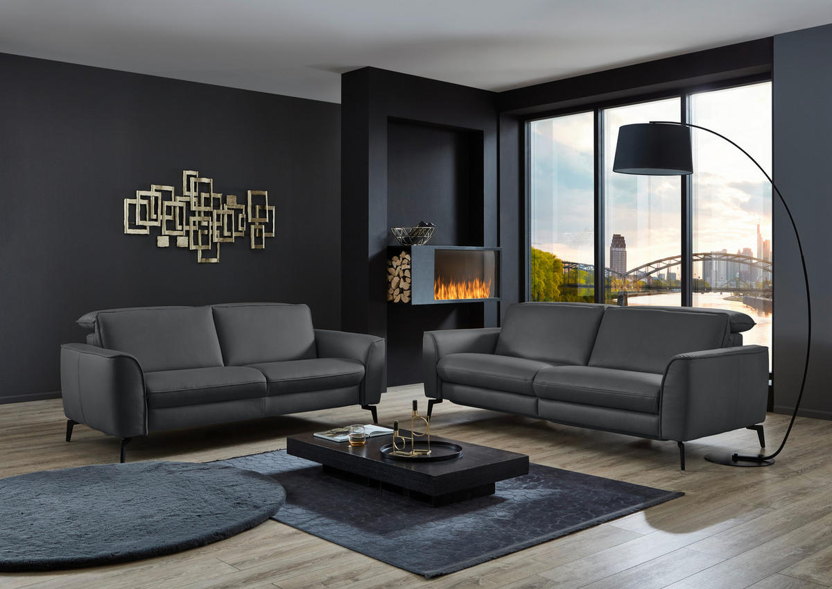 3-SITZER-SOFA in Echtleder Schieferfarben  - Schieferfarben/Schwarz, Natur, Leder/Metall (222/81/110cm) - Valdera