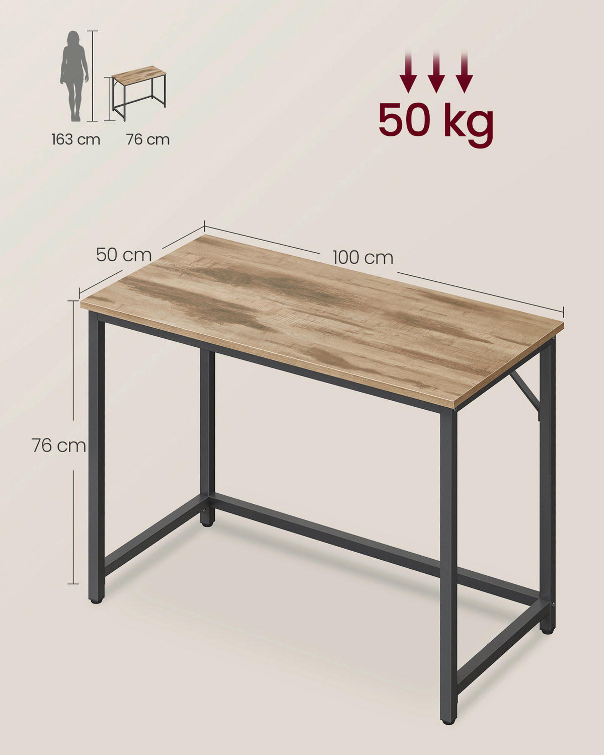 PC STÔL, hnedá, čierna, 100/50/76 cm - hnedá/čierna, Basics, kov/kompozitné drevo (100/50/76cm) - Boxxx