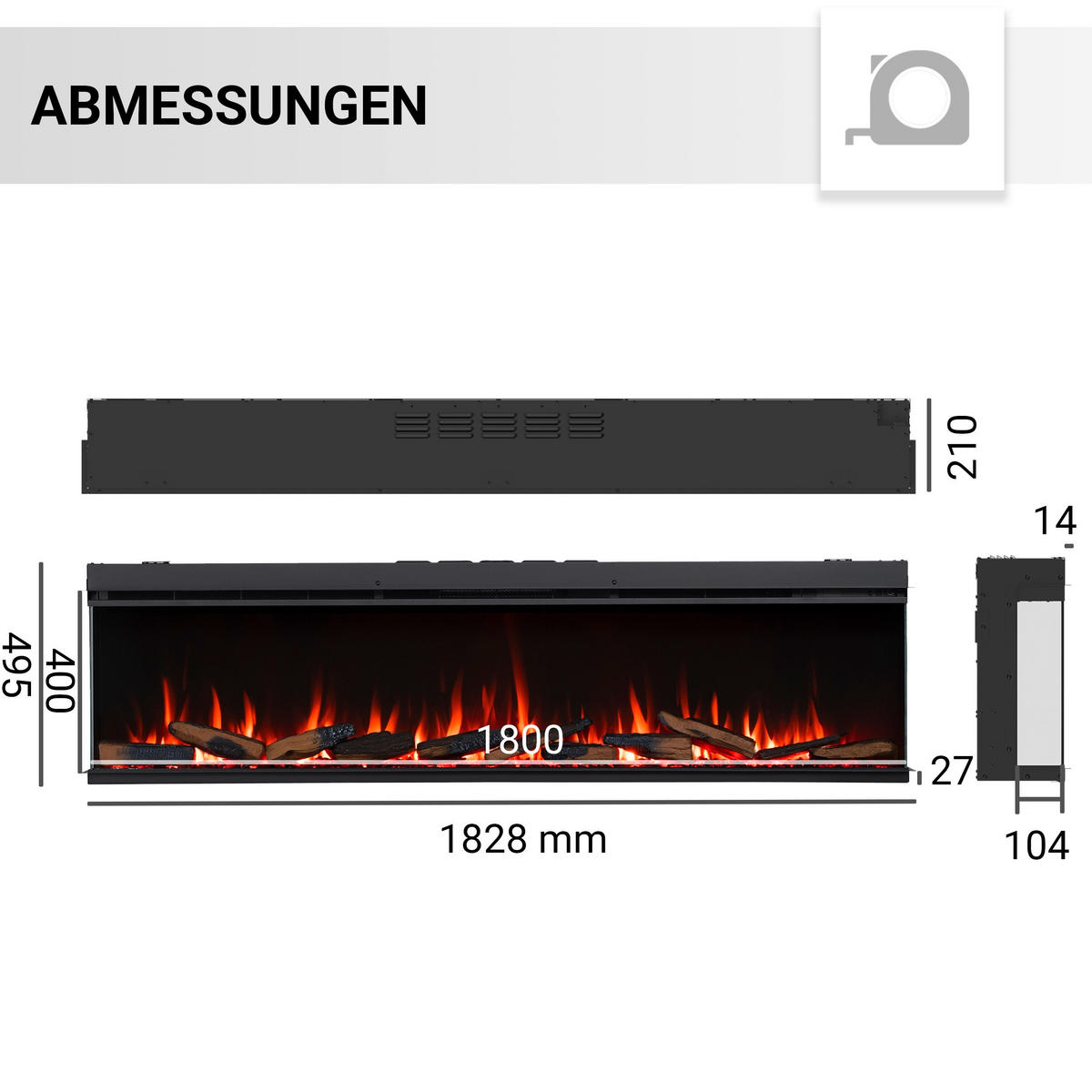 ELEKTROKAMIN - Schwarz, Basics, Glas/Metall (183/50/21cm)