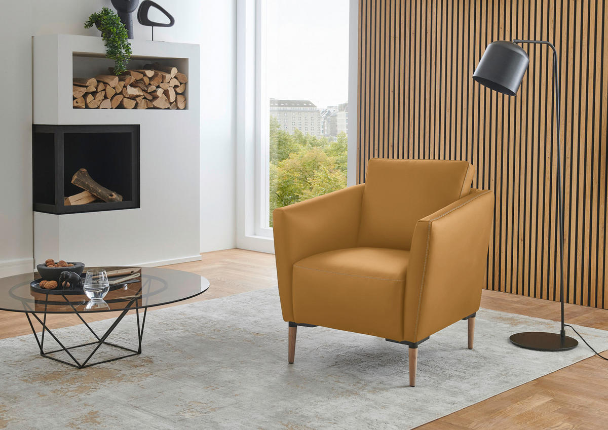 SESSEL in Echtleder Currygelb  - Currygelb/Eichefarben, Natur, Leder/Holz (75/84/76cm) - Valnatura