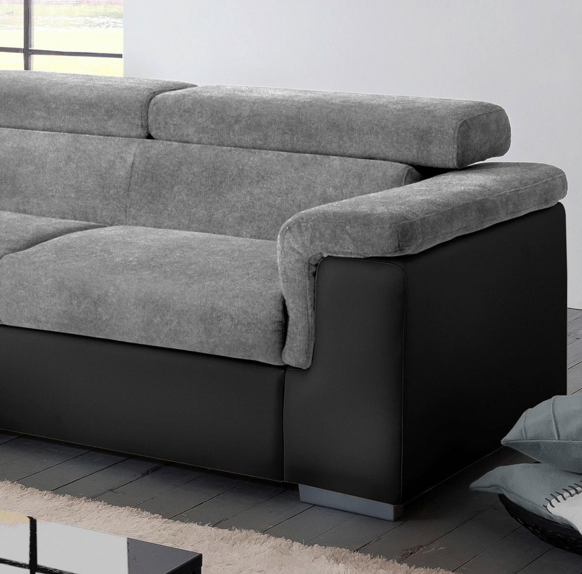 ECKSOFA Grau, Schwarz Lederlook, Flachgewebe  - Schwarz/Grau, Basics, Holz/Textil (217/252cm) - MID.YOU
