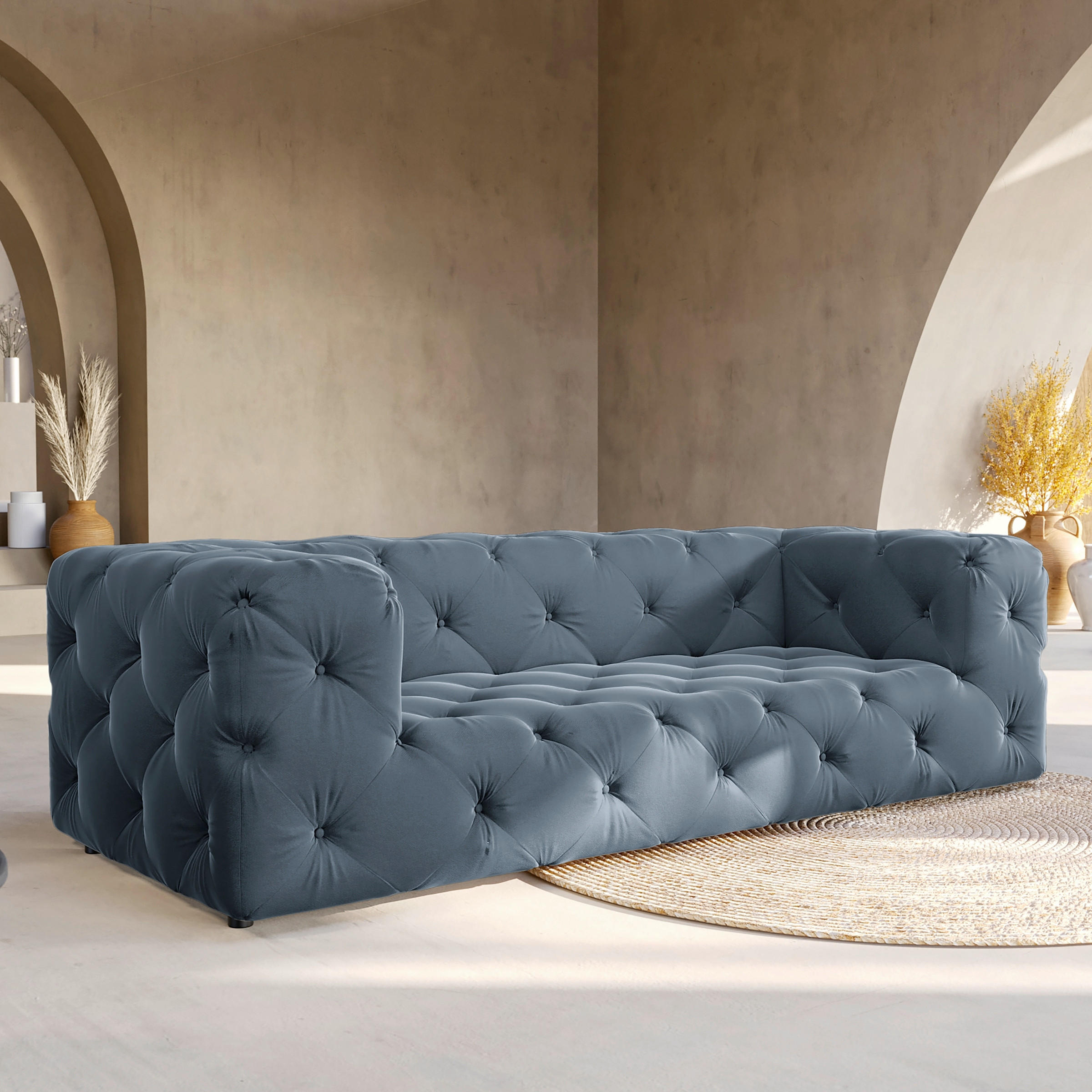 3-SITZER-SOFA Samt Dunkelblau  - Schwarz/Dunkelblau, Design, Kunststoff/Textil (230/71/100cm) - P & B