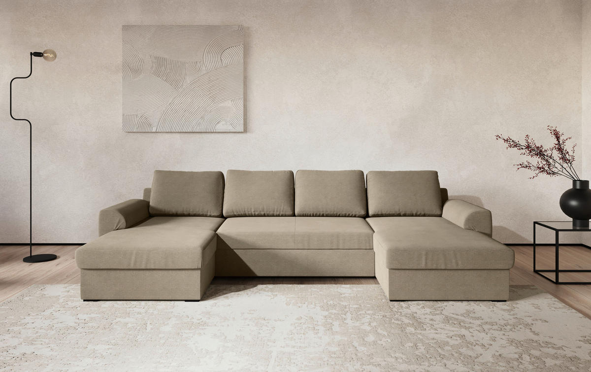 SJEDEĆA GARNITURA tekstil  smeđa   - smeđa/crna, Trend, tekstil/plastika (154/327/86cm) - MID.YOU